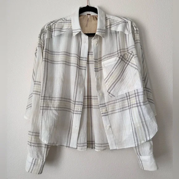 FREE PEOPLE Cutie Plaid Button Down Shirt Top Blouse Dolman Sleeves Ivory SM - Picture 3 of 16